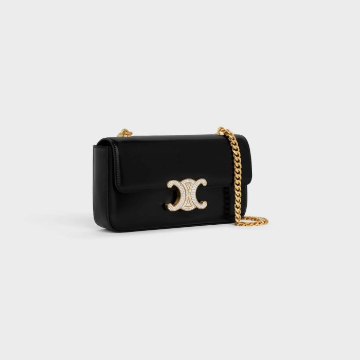 Celine Women Chain Shoulder Bag Claude With Strass Closure In Shiny Calfskin Shoulder Bags Black