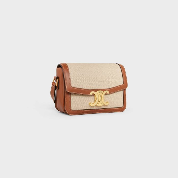 Celine Women Cross-Body Bags Teen Triomphe Bag In Textile And Calfskin Natural / Tan