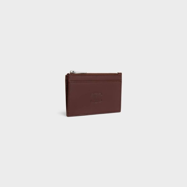 Chestnut Coin And Card Holders Men Zipped Card Holder In Satinated Calfskin With Triomphe Embossed Celine