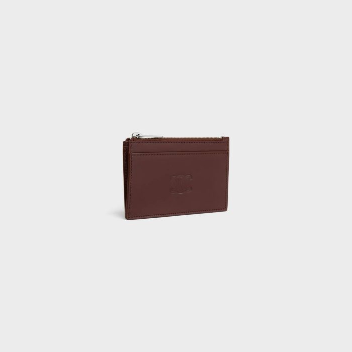 Chestnut Coin And Card Holders Men Zipped Card Holder In Satinated Calfskin With Triomphe Embossed Celine