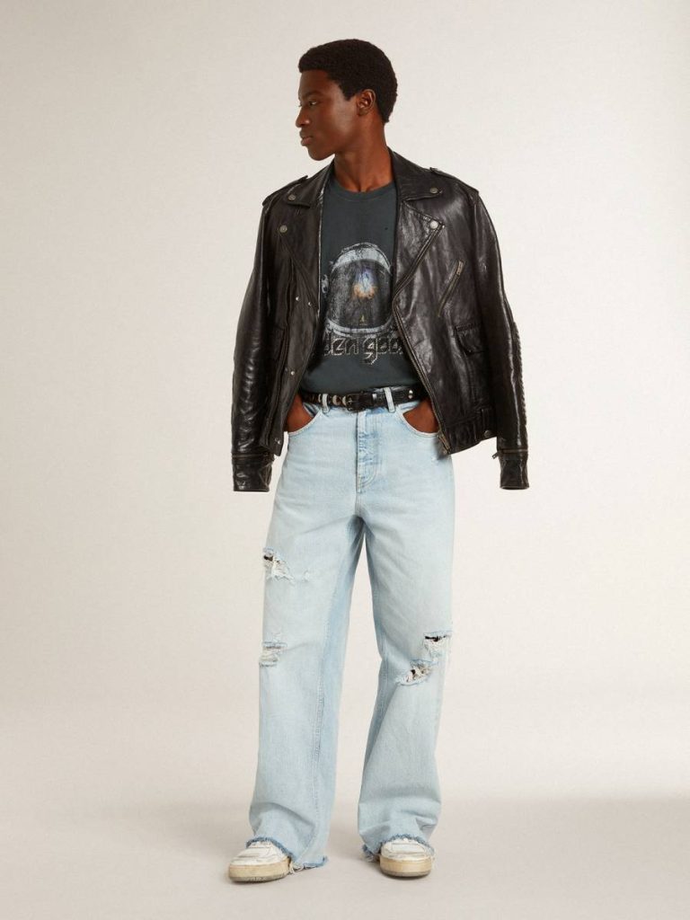 Coats & Jackets Golden Goose Men Men’s Black Leather Biker Jacket With Glossy Effect Black