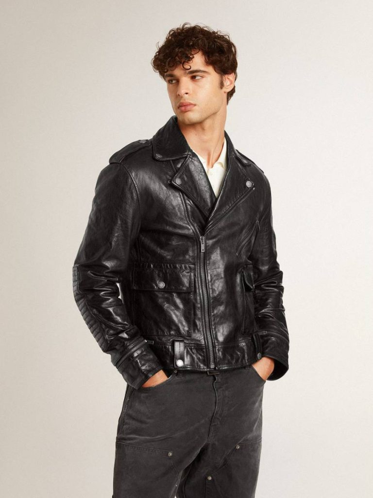 Coats & Jackets Golden Goose Men Men’s Black Leather Biker Jacket With Glossy Effect Black