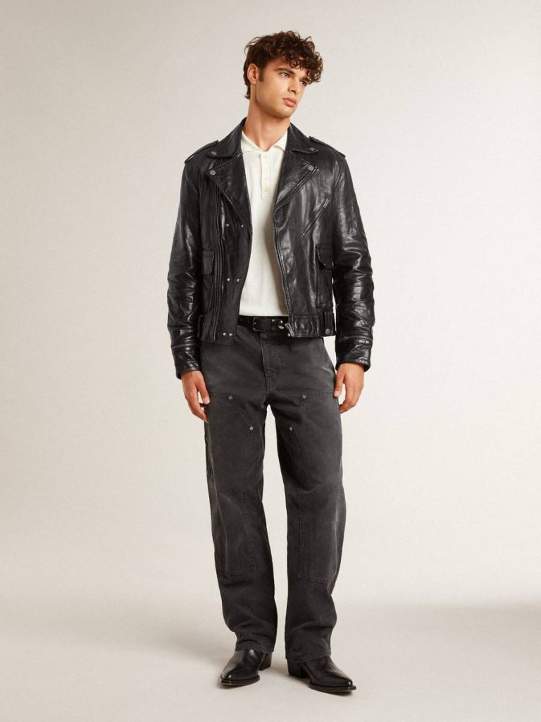 Coats & Jackets Golden Goose Men Men’s Black Leather Biker Jacket With Glossy Effect Black