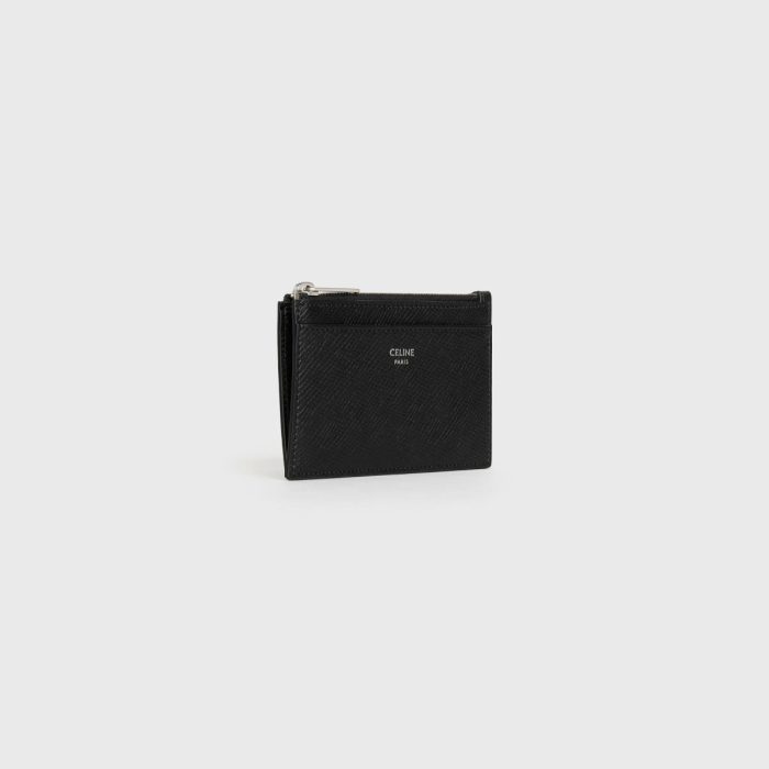 Coin And Card Holders Men Zipped Card Holder In Grained Calfskin Celine Black
