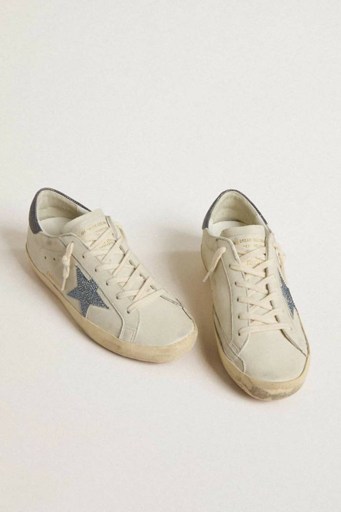Cream White Golden Goose Super-Star Super-Star Ltd With Cream-Colored Leather Star With Swarovski Crystals And Blue Leather Heel Tab With Lizard Print Women