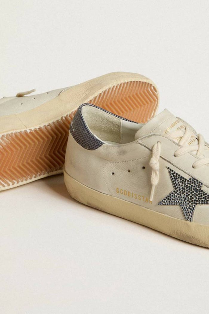 Cream White Golden Goose Super-Star Super-Star Ltd With Cream-Colored Leather Star With Swarovski Crystals And Blue Leather Heel Tab With Lizard Print Women