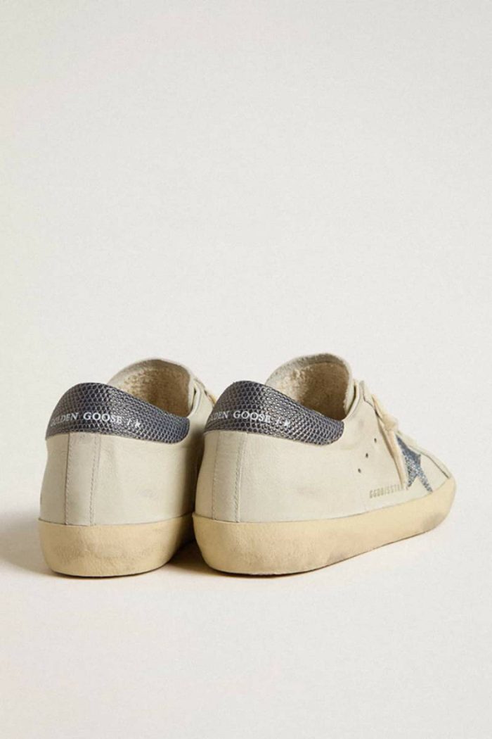 Cream White Golden Goose Super-Star Super-Star Ltd With Cream-Colored Leather Star With Swarovski Crystals And Blue Leather Heel Tab With Lizard Print Women