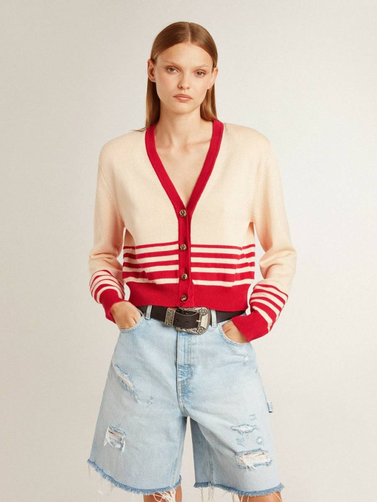 Cream Women Golden Goose Women's Cardigan In Cream With Red Stripes Knitwear