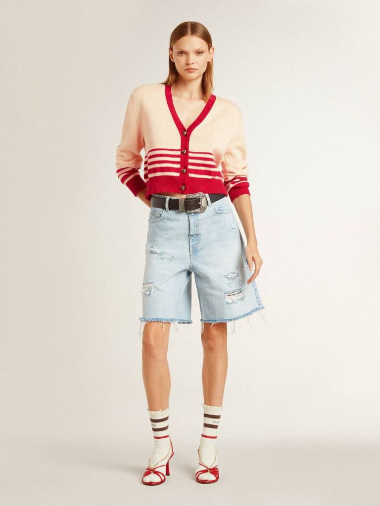 Cream Women Golden Goose Women's Cardigan In Cream With Red Stripes Knitwear
