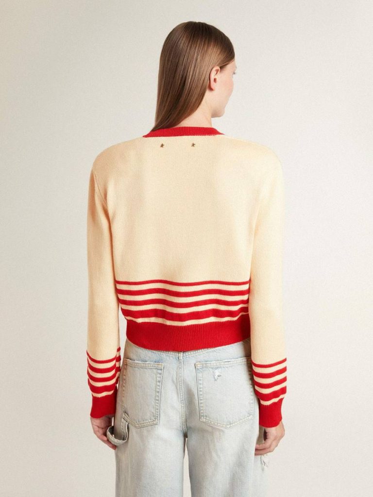 Cream Women Golden Goose Women's Cardigan In Cream With Red Stripes Knitwear
