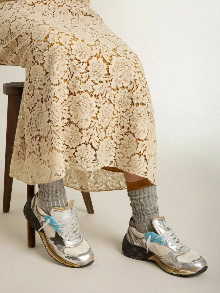Dad-Star Women's Dad-Star In Mesh And Silver Foiled Leather With Black Suede Star Golden Goose Women