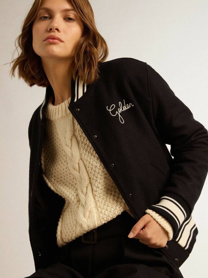 Dark Blue Coats & Jackets Women's Bomber Jacket In Dark Blue Wool With White Details Golden Goose Women