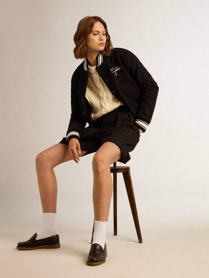 Dark Blue Coats & Jackets Women's Bomber Jacket In Dark Blue Wool With White Details Golden Goose Women
