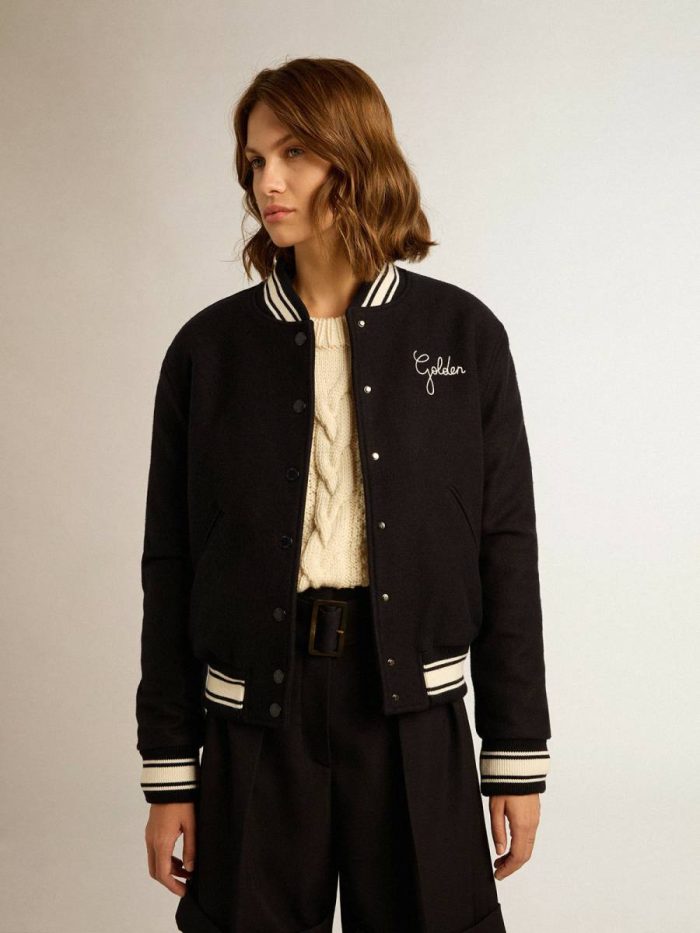 Dark Blue Coats & Jackets Women's Bomber Jacket In Dark Blue Wool With White Details Golden Goose Women