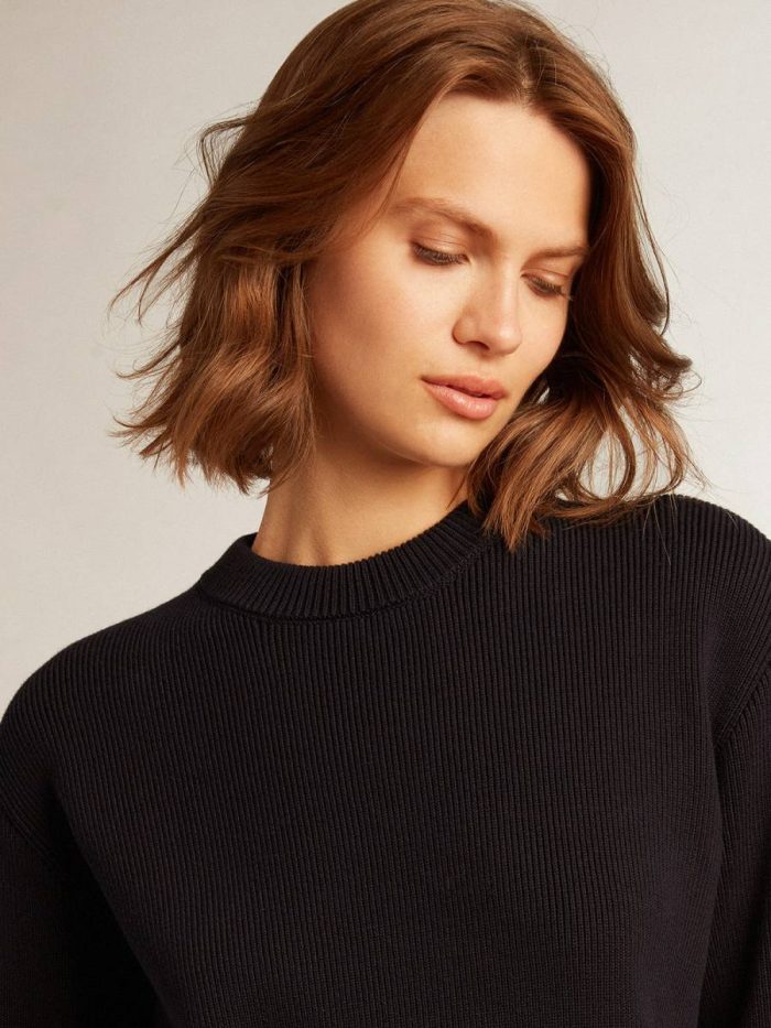 Dark Blue Women Golden Goose Women’s Round-Neck Sweater In Dark Blue Cotton With Logo On The Back Knitwear