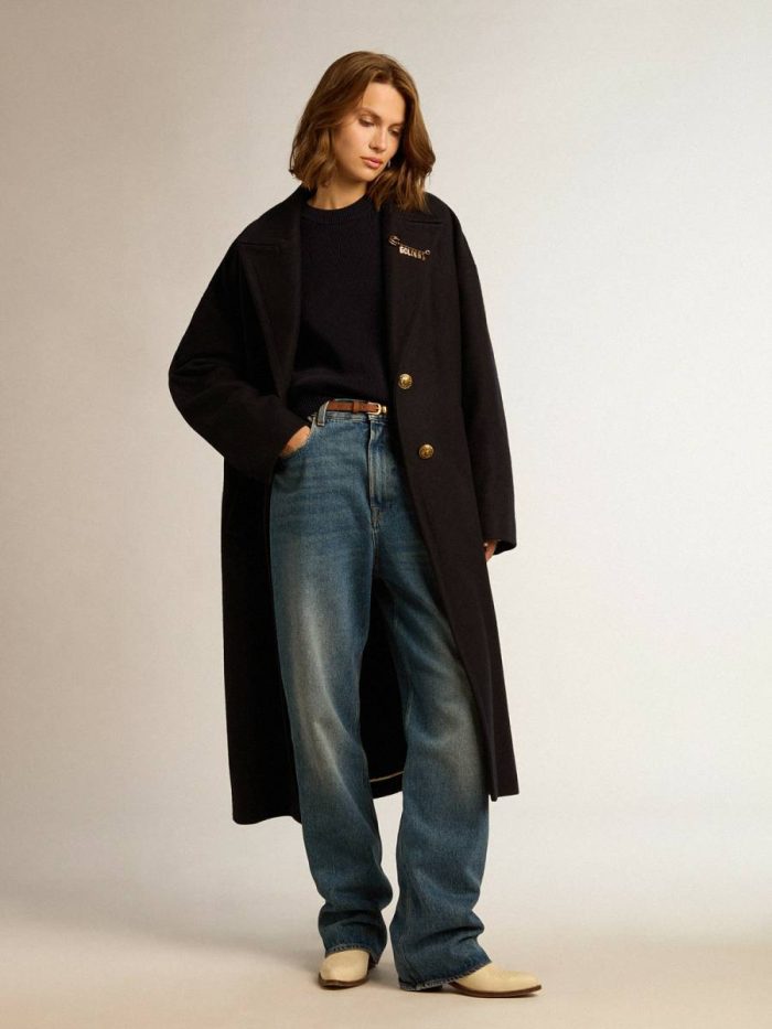 Dark Blue Women Golden Goose Women’s Round-Neck Sweater In Dark Blue Cotton With Logo On The Back Knitwear
