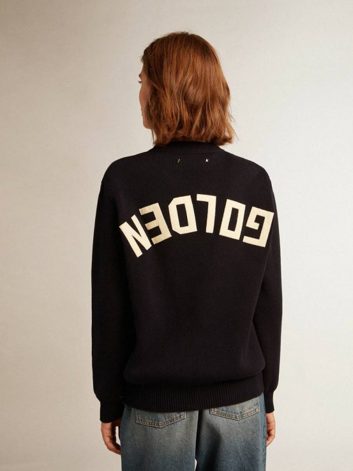 Dark Blue Women Golden Goose Women’s Round-Neck Sweater In Dark Blue Cotton With Logo On The Back Knitwear