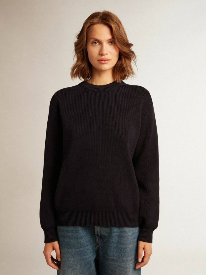 Dark Blue Women Golden Goose Women’s Round-Neck Sweater In Dark Blue Cotton With Logo On The Back Knitwear