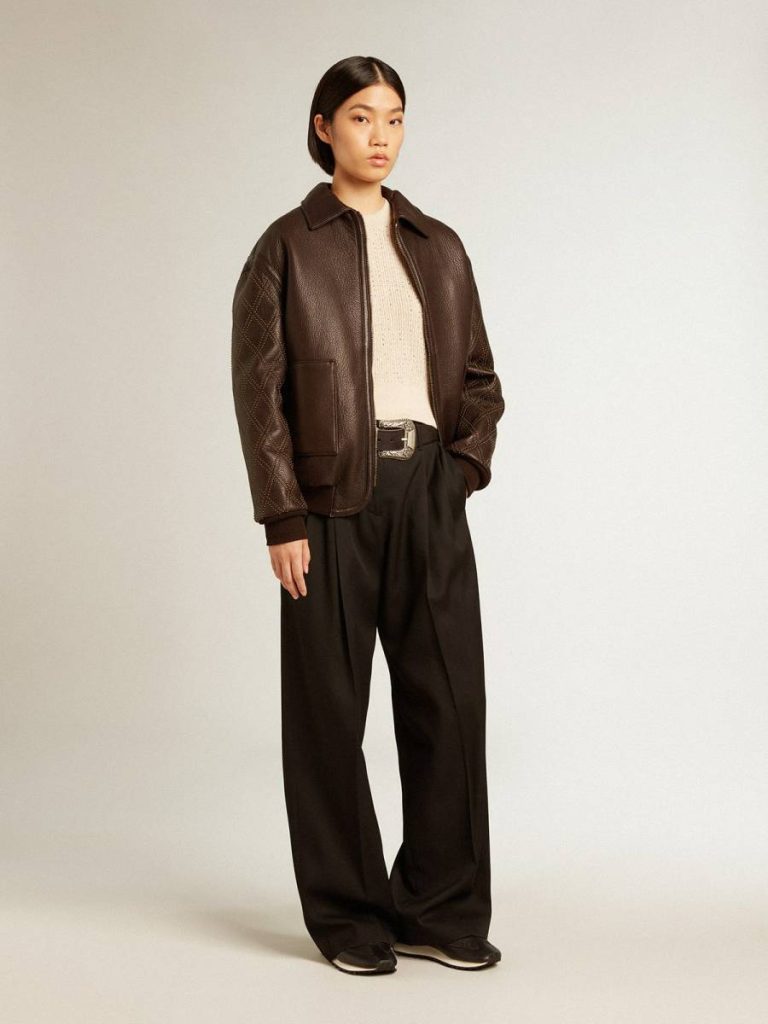 Dark Brown Golden Goose Brown Nappa Leather Jacket With Studded Sleeves Women Coats & Jackets