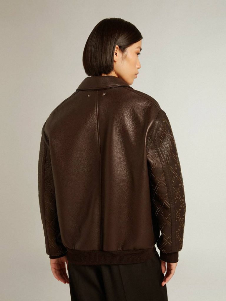 Dark Brown Golden Goose Brown Nappa Leather Jacket With Studded Sleeves Women Coats & Jackets