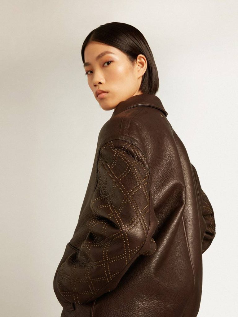 Dark Brown Golden Goose Brown Nappa Leather Jacket With Studded Sleeves Women Coats & Jackets