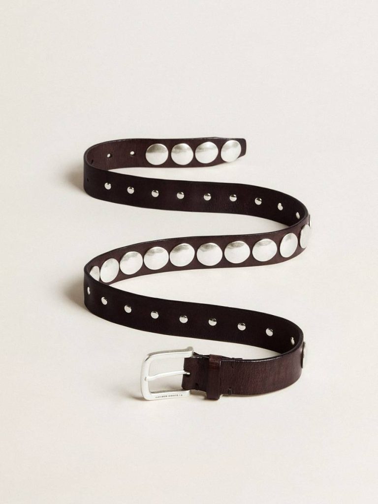 Dark Brown Golden Goose Men Belts Trinidad Belt In Dark Brown Leather With Silver Maxi Studs