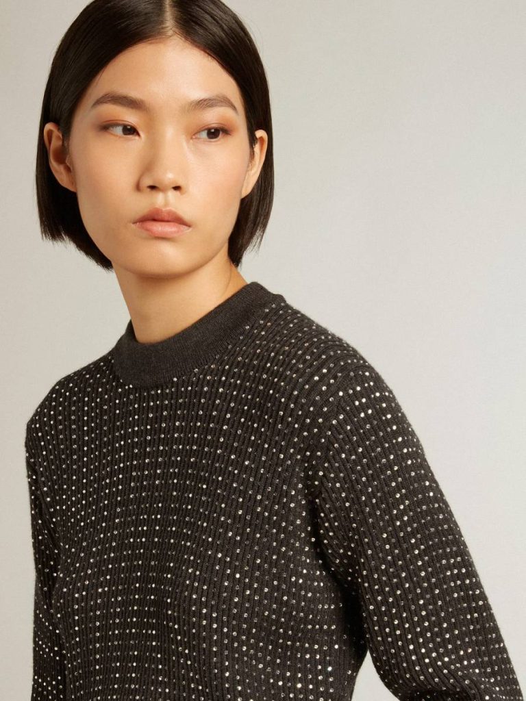 Dark Gray Melange Round-Neck Sweater In Merino Wool With All-Over Crystals Golden Goose Knitwear Women
