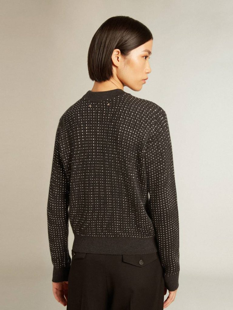 Dark Gray Melange Round-Neck Sweater In Merino Wool With All-Over Crystals Golden Goose Knitwear Women