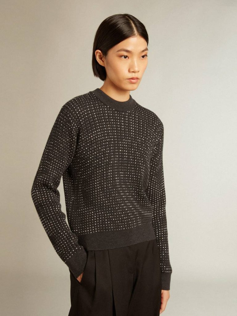 Dark Gray Melange Round-Neck Sweater In Merino Wool With All-Over Crystals Golden Goose Knitwear Women