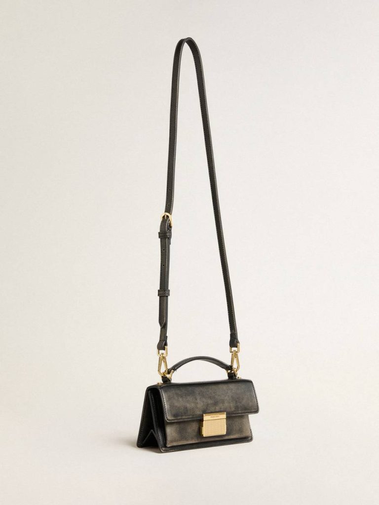 Distressed Black Women Small Venezia Bag In Black Distressed Leather With Gold Details Crossbody Bags Golden Goose