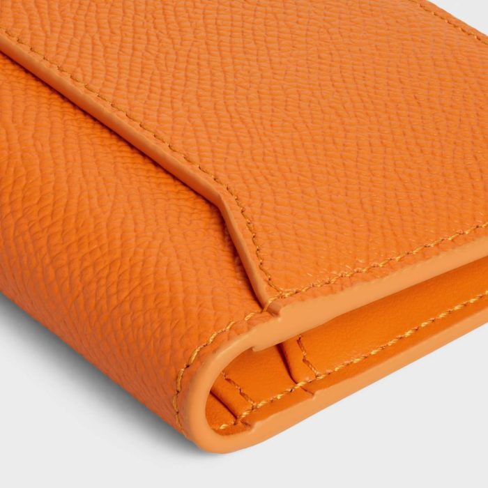 Fluo Orange Vertical Card Holder In Grained Calfskin Celine Men Coin And Card Holders