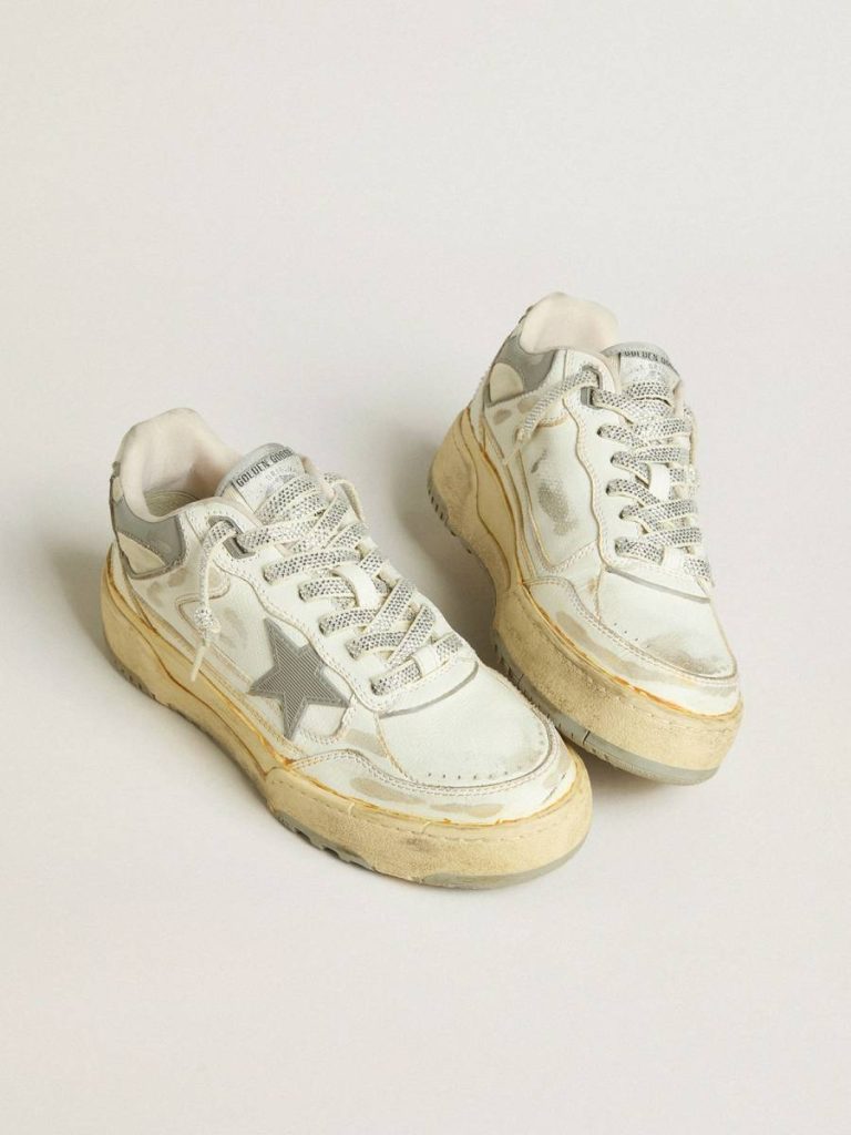 Forty2 Women’s Forty2 In White Leather With Laces With Swarovski Crystals And Gray Star Women Golden Goose