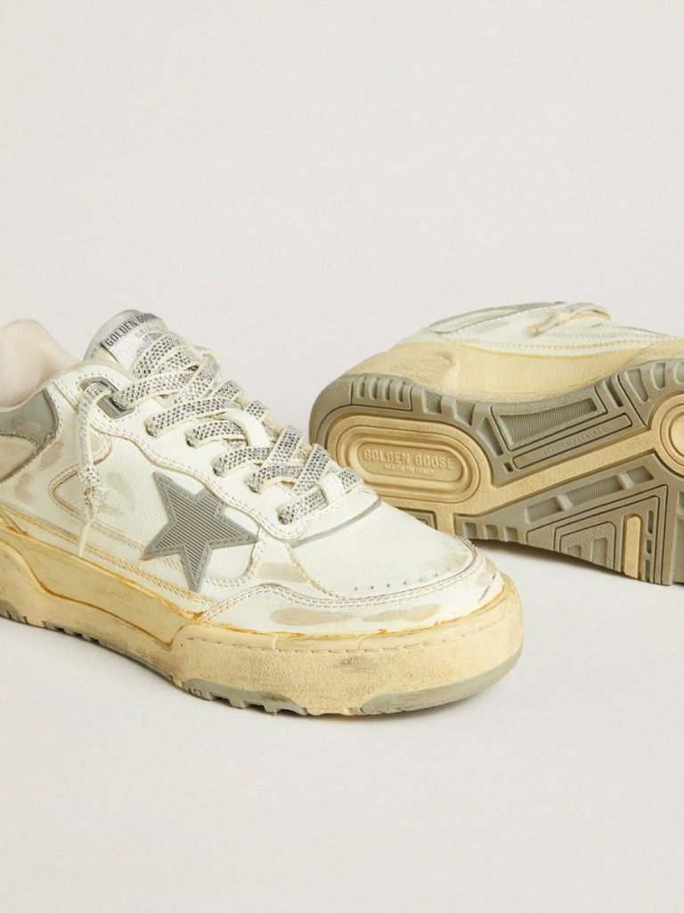 Forty2 Women’s Forty2 In White Leather With Laces With Swarovski Crystals And Gray Star Women Golden Goose