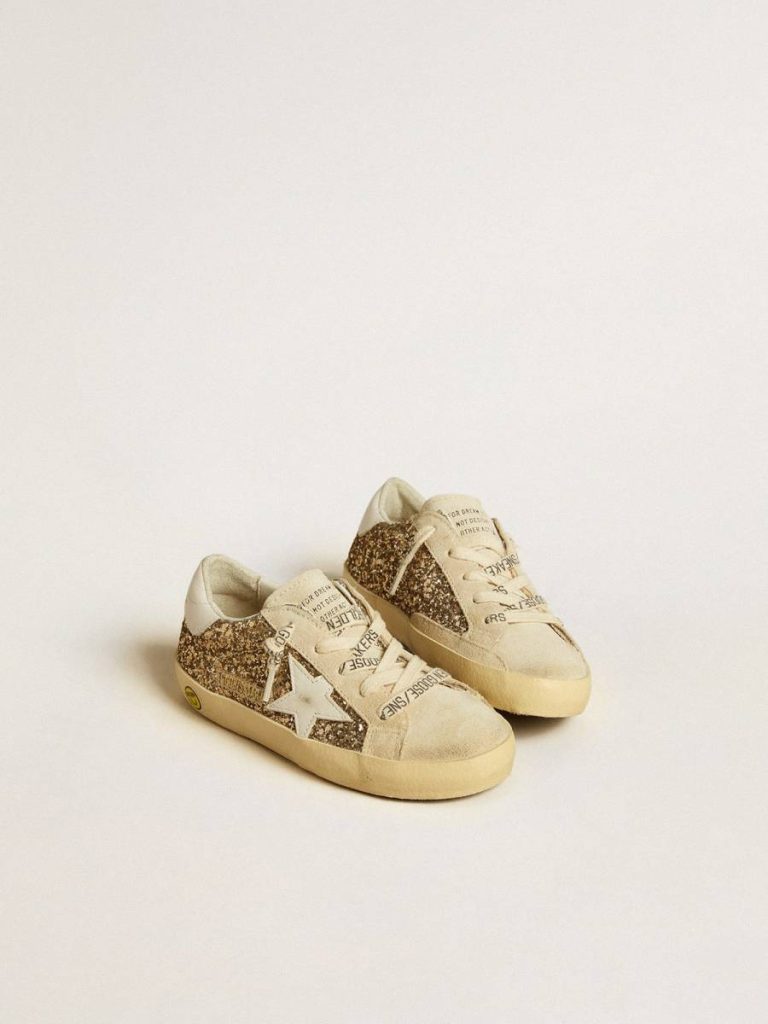 Girls (4-10 Years) Golden Goose Kids Super-Star Young In Gold Glitter With White Leather Star And Heel Tab