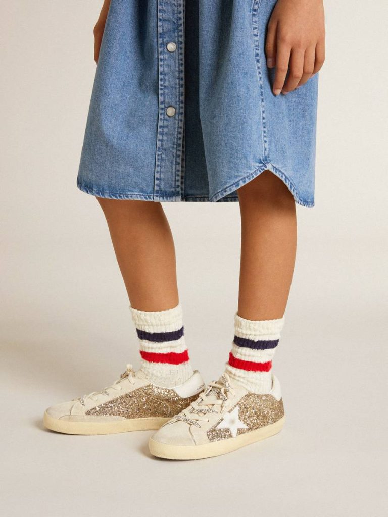 Girls (4-10 Years) Golden Goose Kids Super-Star Young In Gold Glitter With White Leather Star And Heel Tab