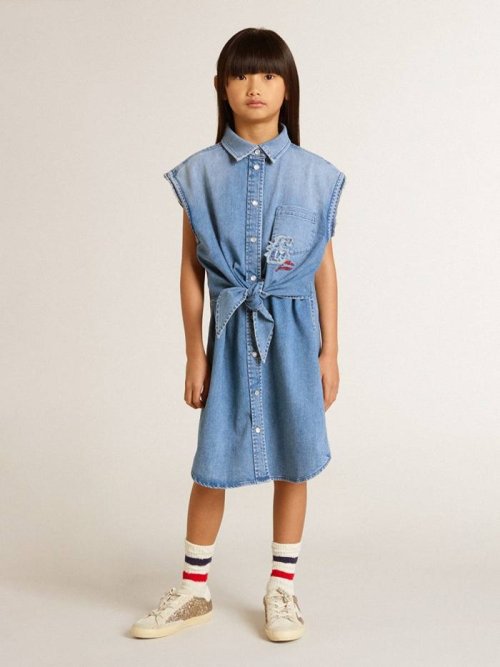 Girls' Denim Dress With Front Knot And Embroidery Golden Goose Kids Denim Topwear Selection (4-12 Years)