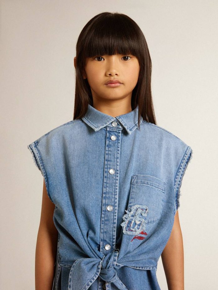 Girls' Denim Dress With Front Knot And Embroidery Golden Goose Kids Denim Topwear Selection (4-12 Years)
