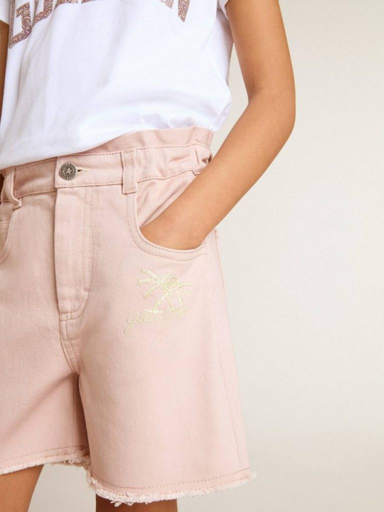 Girls' Pink Cotton Shorts With Embroidery Golden Goose Pink Kids Bottomwear Selection (4-12 Years)