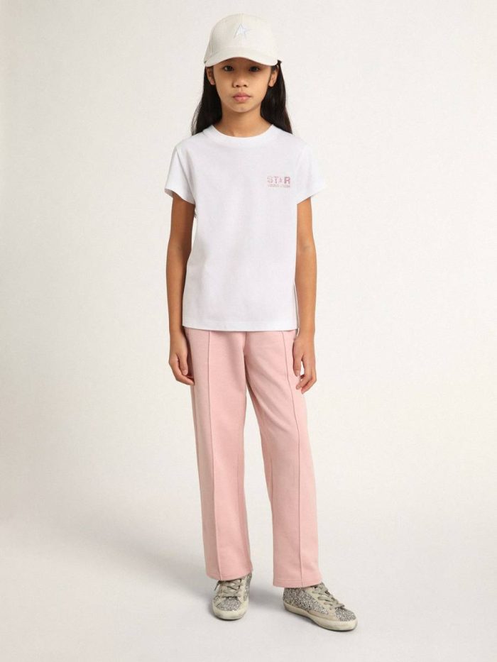 Girls’ White T-Shirt With Pink Glitter Logo And Maxi Star Kids White Topwear Selection (4-12 Years) Golden Goose