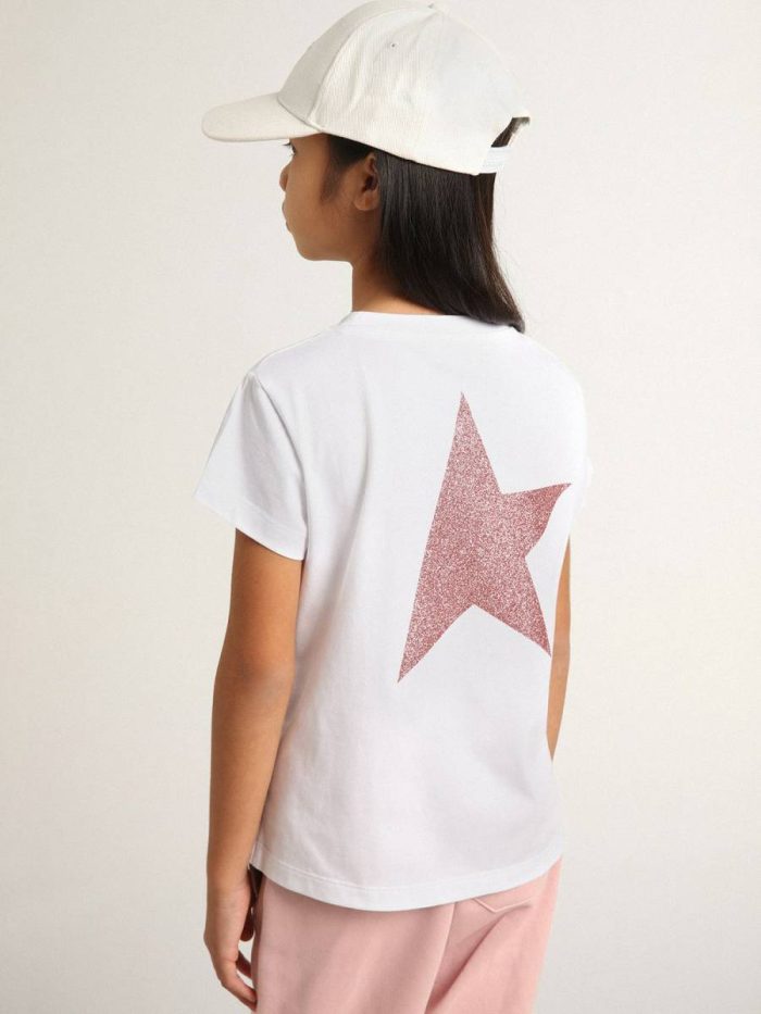 Girls’ White T-Shirt With Pink Glitter Logo And Maxi Star Kids White Topwear Selection (4-12 Years) Golden Goose