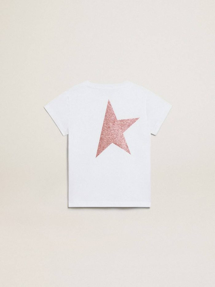 Girls’ White T-Shirt With Pink Glitter Logo And Maxi Star Kids White Topwear Selection (4-12 Years) Golden Goose