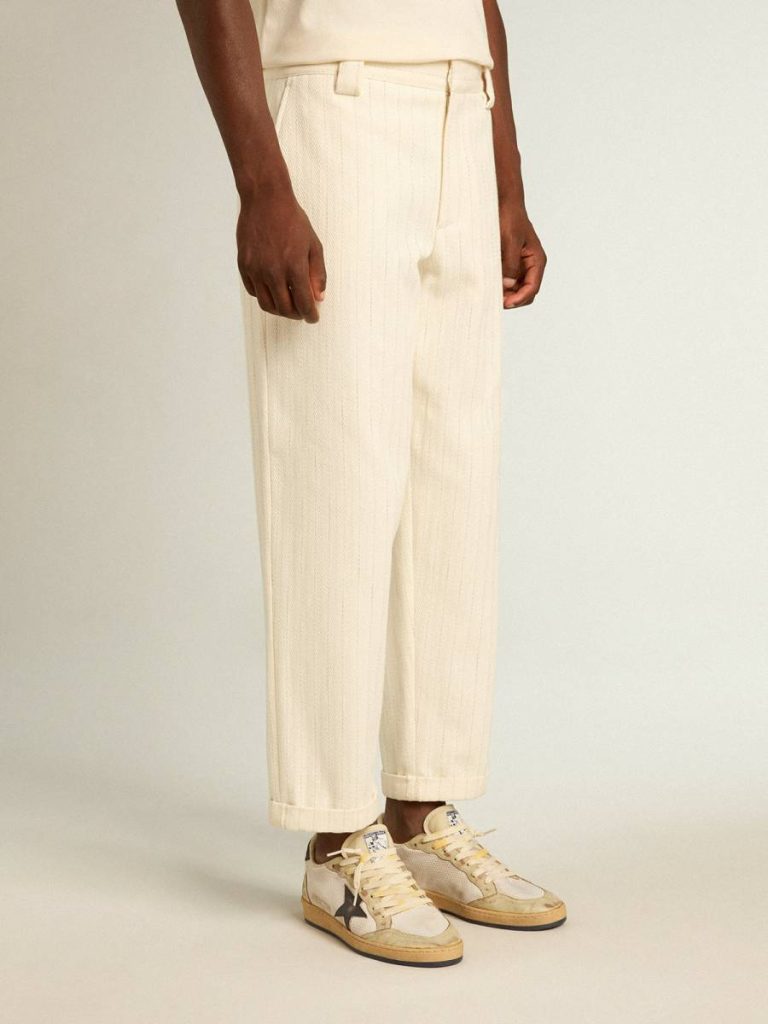 Golden Goose Aged White Cotton Pinstripe Chino Pants Aged White Jeans & Pants Men