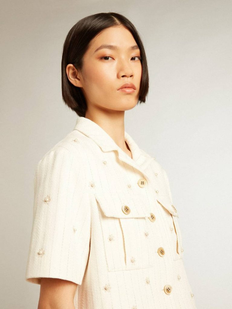 Golden Goose Aged White Women Coats & Jackets Aged White Jacket In Pinstripe Cotton With All-Over Floral Embroidery