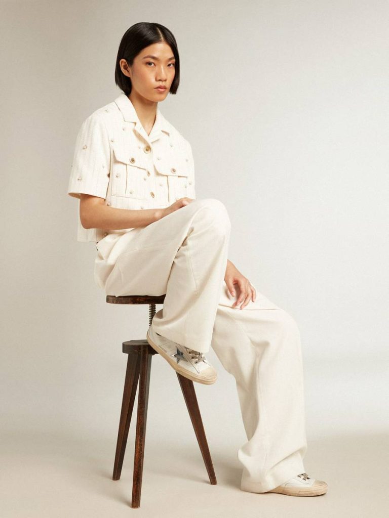 Golden Goose Aged White Women Coats & Jackets Aged White Jacket In Pinstripe Cotton With All-Over Floral Embroidery