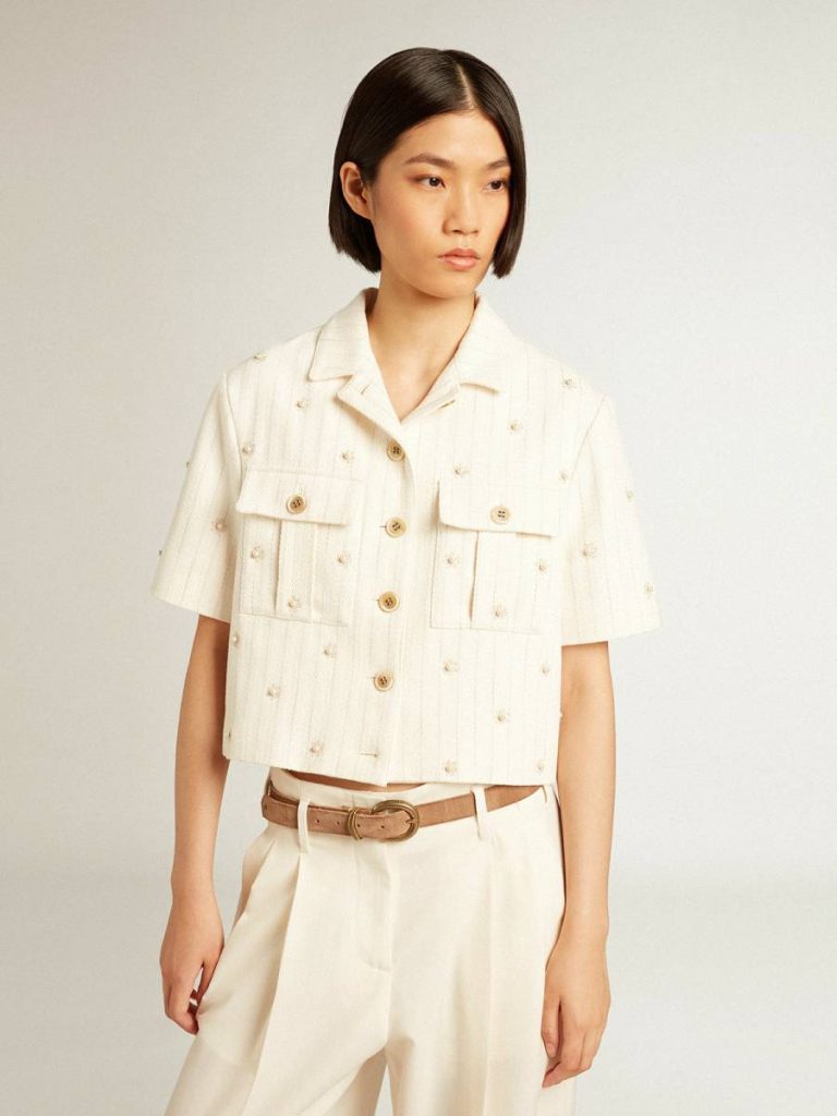 Golden Goose Aged White Women Coats & Jackets Aged White Jacket In Pinstripe Cotton With All-Over Floral Embroidery