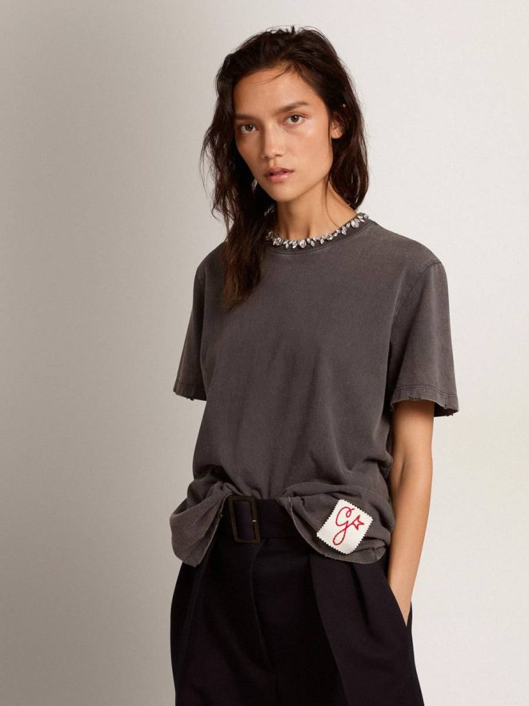 Golden Goose Anthracite Gray Women's Anthracite Gray T-Shirt With Crystals Women T-Shirts & Tops