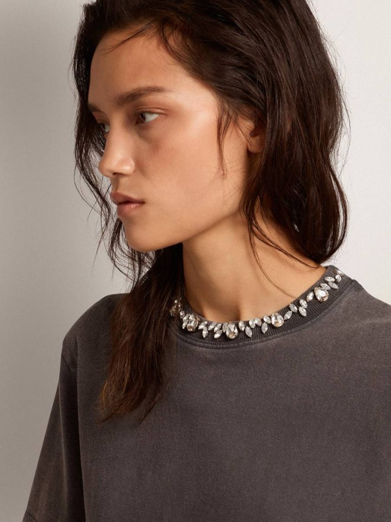 Golden Goose Anthracite Gray Women's Anthracite Gray T-Shirt With Crystals Women T-Shirts & Tops