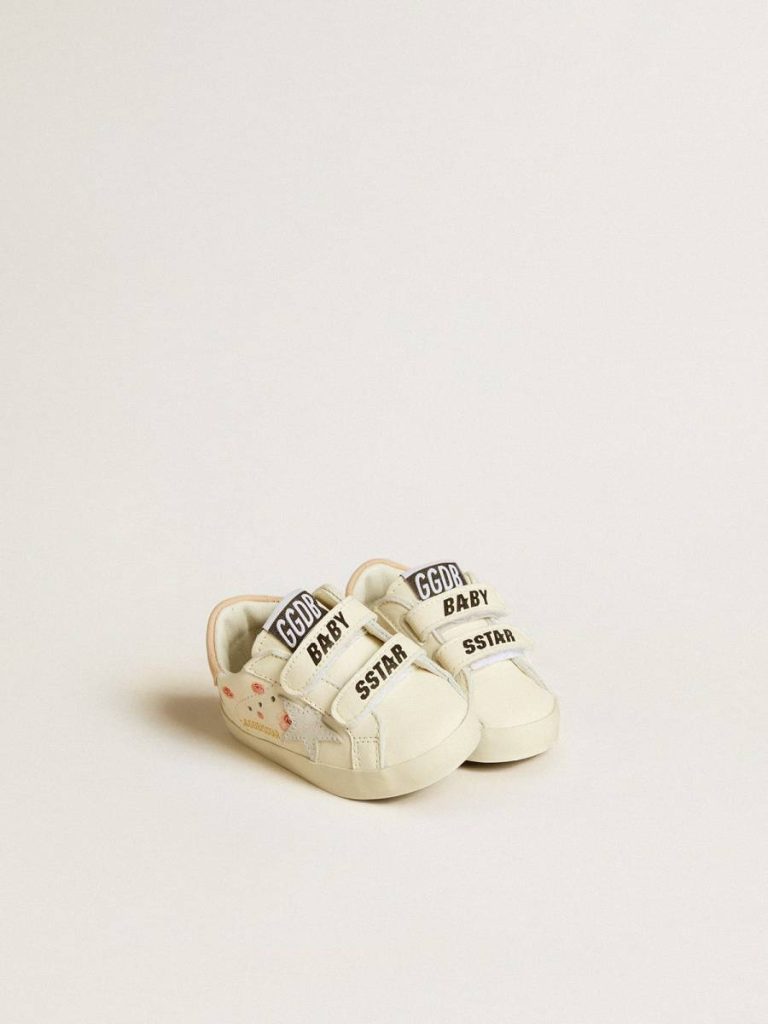 Golden Goose Baby School In Nappa Leather With Pink Rose Motif And White Suede Star Newborns Kids