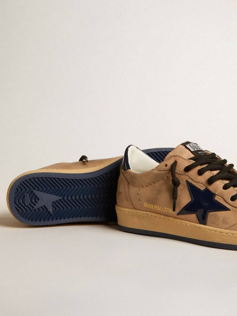 Golden Goose Ball Star In Beige Leather With Blue Patent Leather Star And Heel Tab Men Beige Ball Star