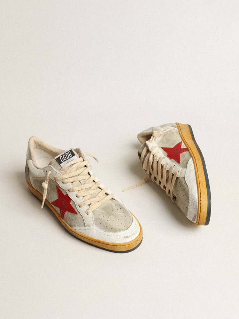 Golden Goose Ball Star In Gray Suede With Red Star And Silver Heel Tab Men Ball Star